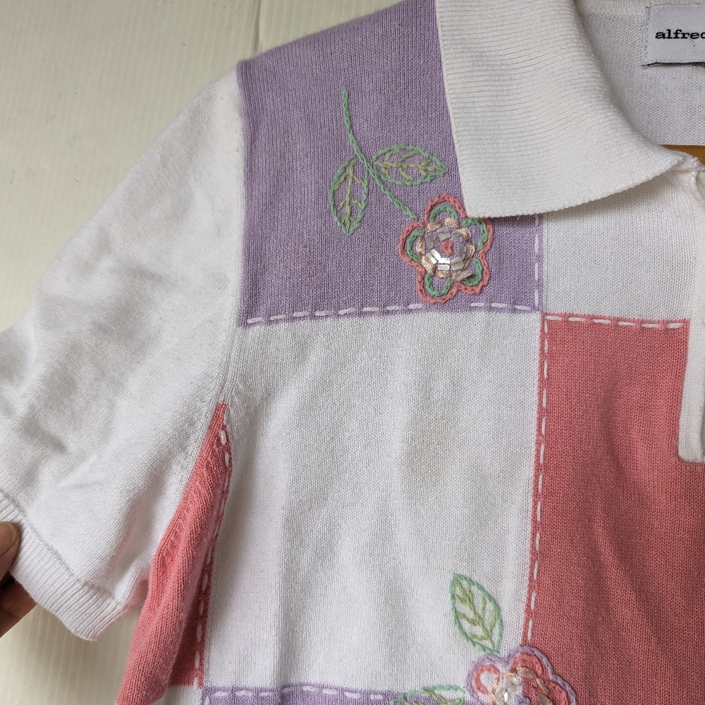 VINTAGE 90s Y2K Alfred Dunner patchwork plaid embroidered polo knit sweater - Picture 2 of 9